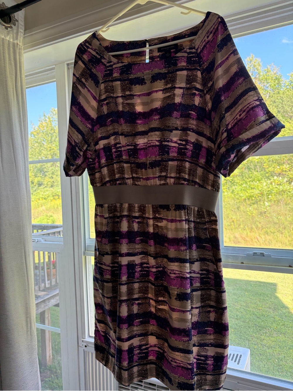 Banana Republic Purple and Brown Striped Waistband Dress